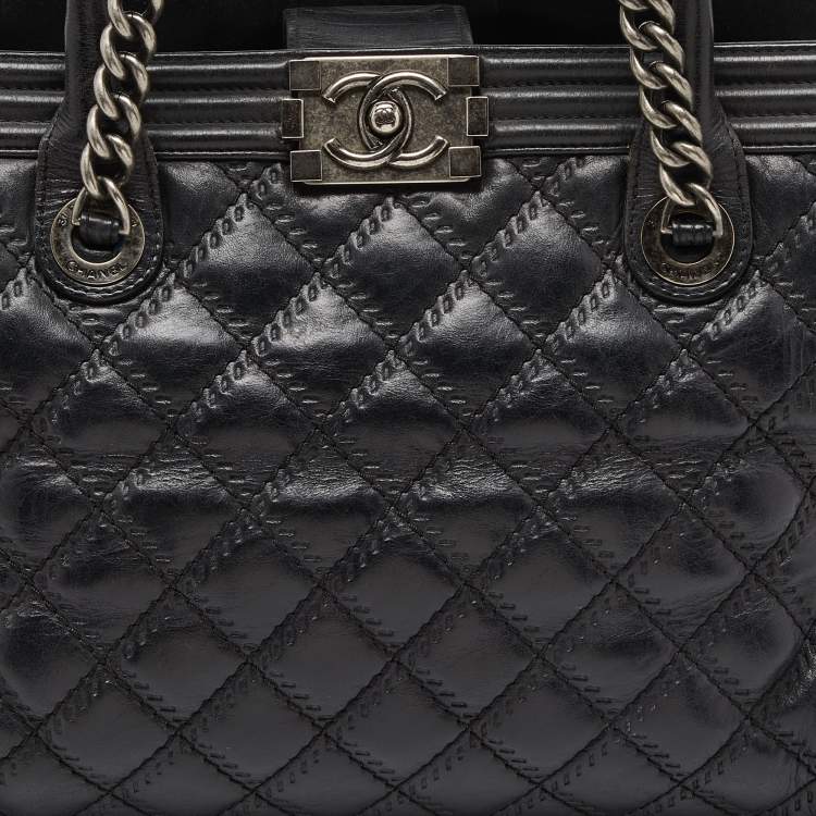 Pre Owned Chanel Black Quilted Double Stitch Leather Boy Tote