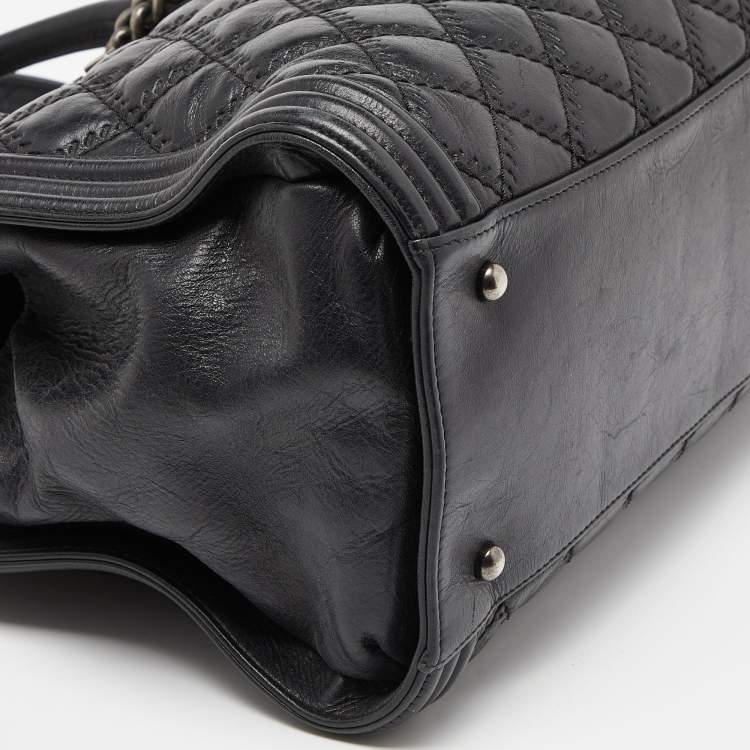 Pre Owned Chanel Black Quilted Double Stitch Leather Boy Tote