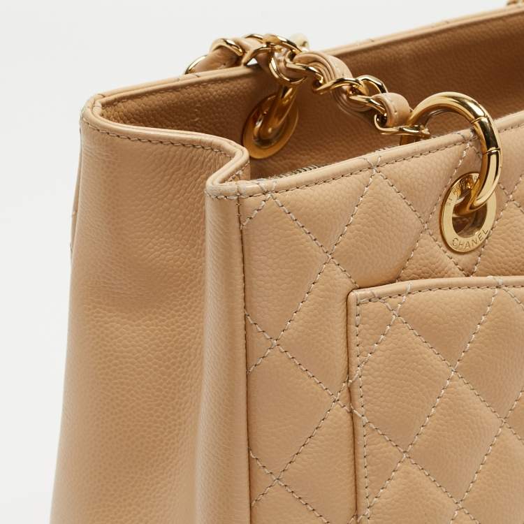 Pre Owned Chanel Beige Quilted Caviar Leather Grand Shopper Tote