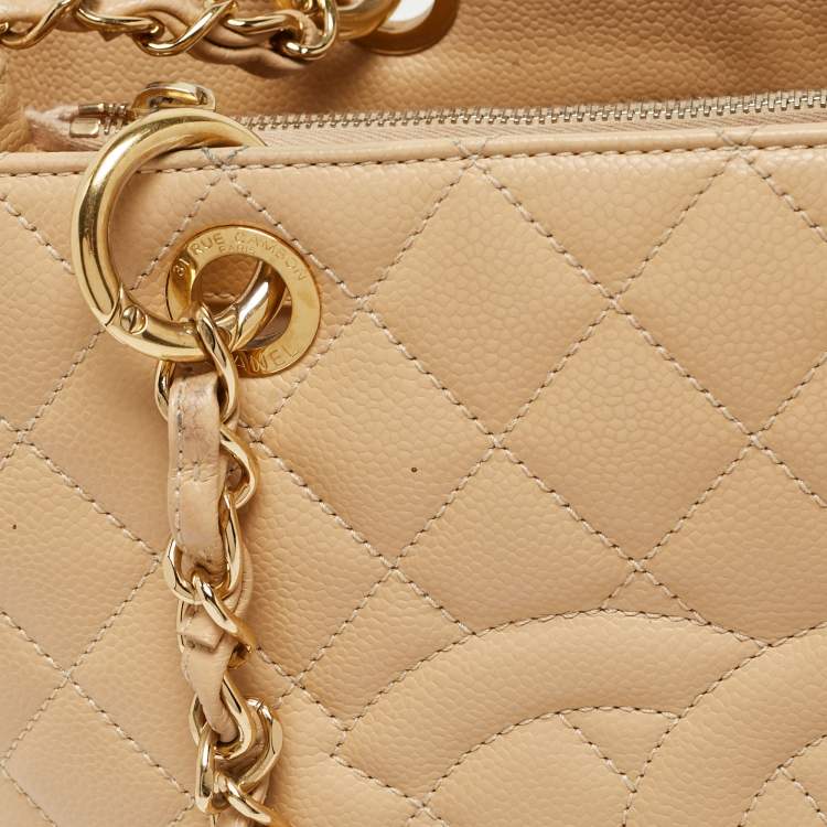 Pre Owned Chanel Beige Quilted Caviar Leather Grand Shopper Tote