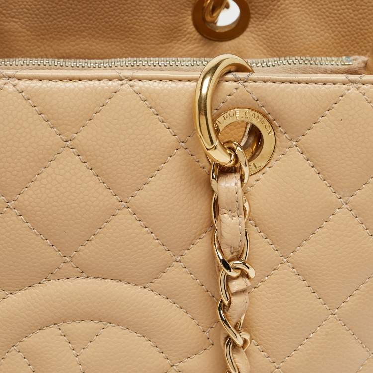 Pre Owned Chanel Beige Quilted Caviar Leather Grand Shopper Tote