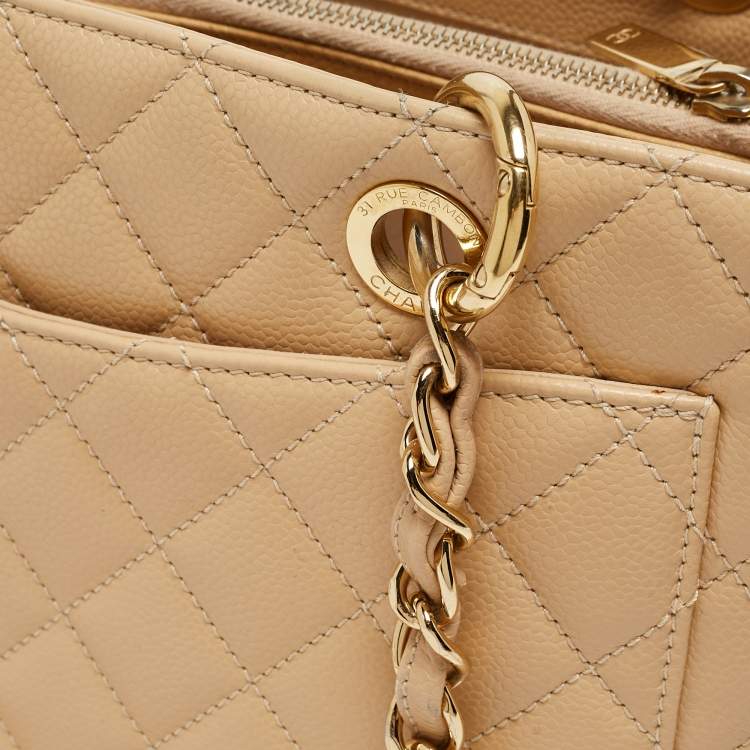 Pre Owned Chanel Beige Quilted Caviar Leather Grand Shopper Tote