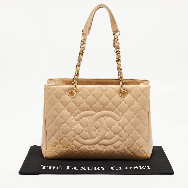 Pre Owned Chanel Beige Quilted Caviar Leather Grand Shopper Tote
