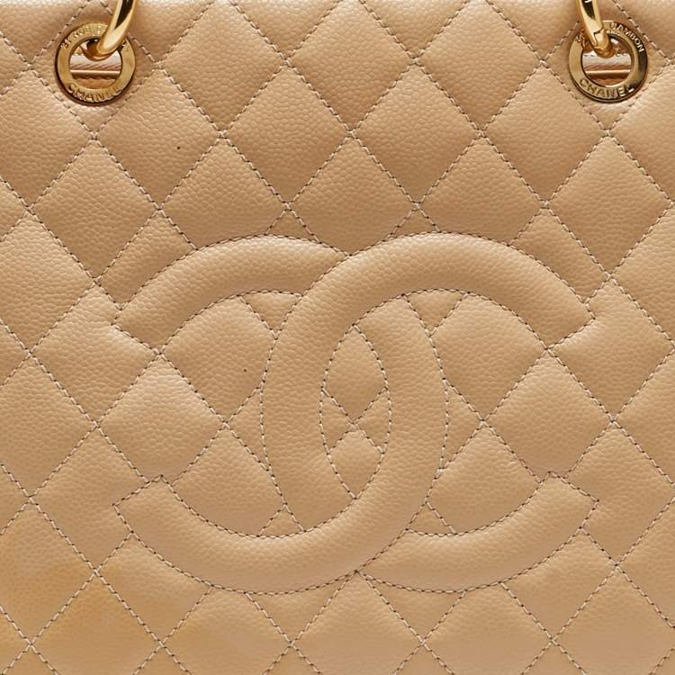 Pre Owned Chanel Beige Quilted Caviar Leather Grand Shopper Tote