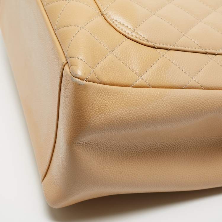 Pre Owned Chanel Beige Quilted Caviar Leather Grand Shopper Tote