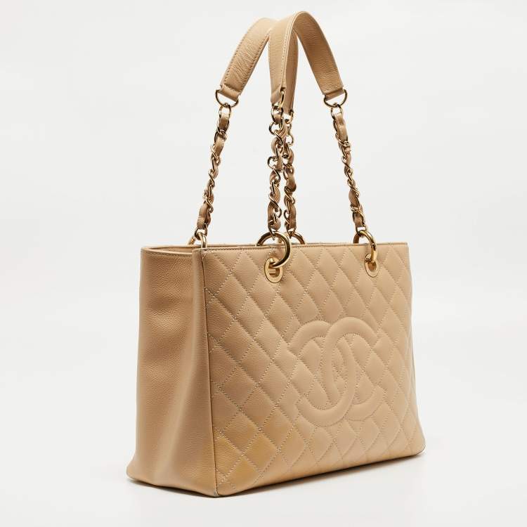 Pre Owned Chanel Beige Quilted Caviar Leather Grand Shopper Tote