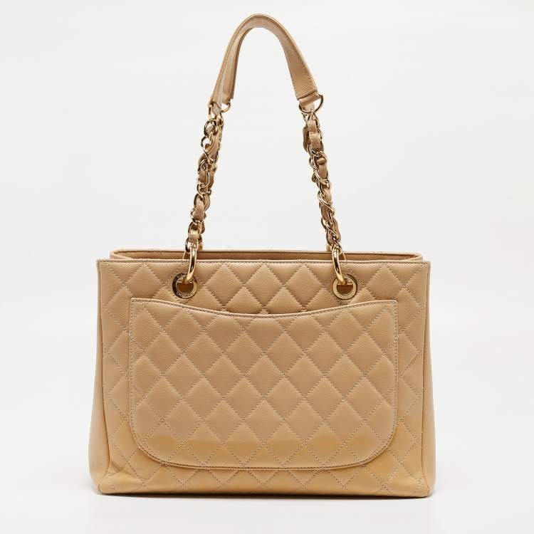 Pre Owned Chanel Beige Quilted Caviar Leather Grand Shopper Tote