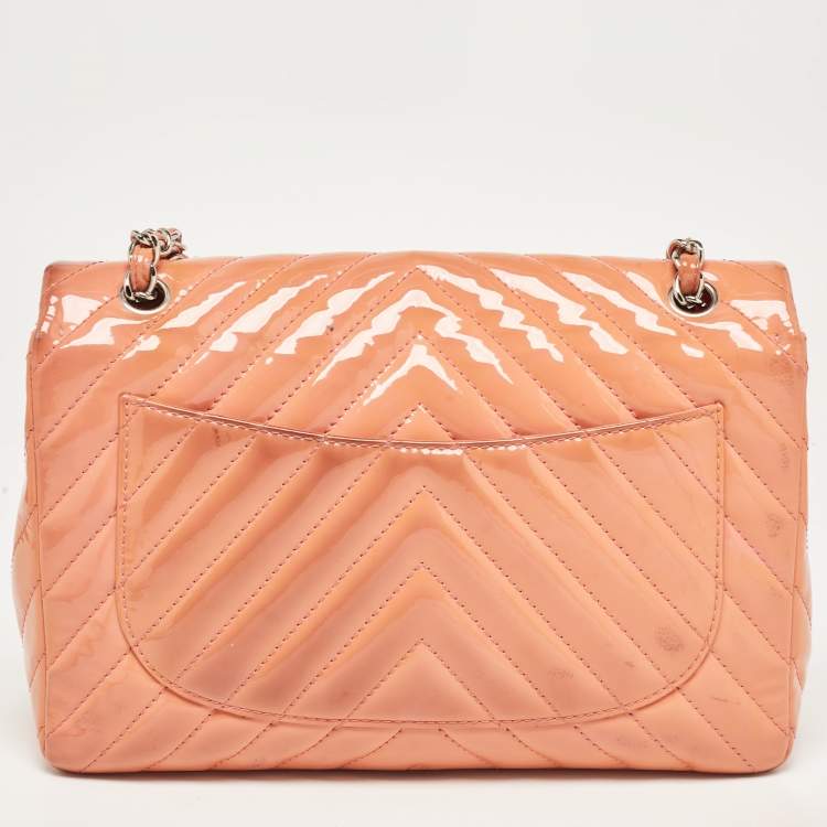 Pre Owned Chanel Pink Chevron Patent Leather Jumbo Classic Single Flap Bag