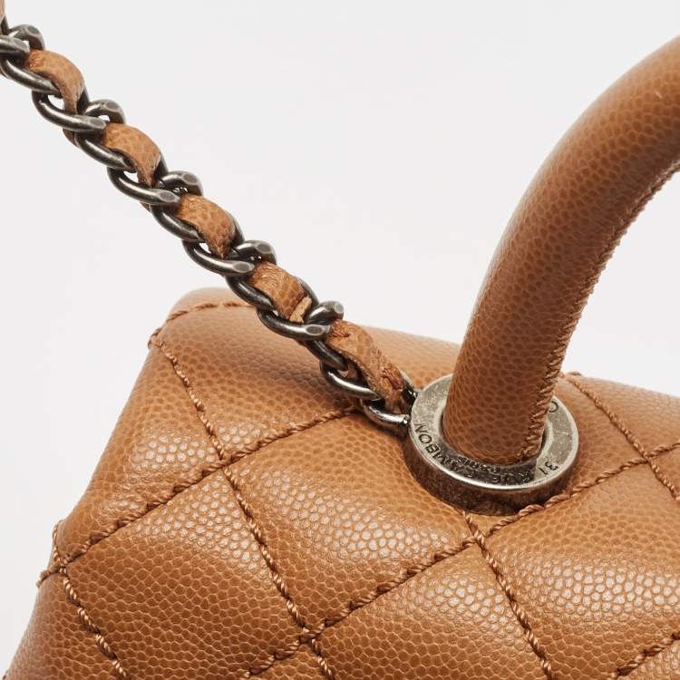 Pre Owned Chanel Brown Quilted Caviar Leather Mini Coco Top Handle Bag