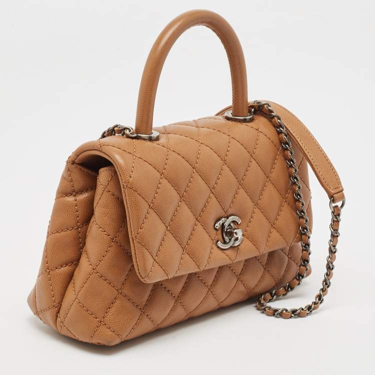 Pre Owned Chanel Brown Quilted Caviar Leather Mini Coco Top Handle Bag