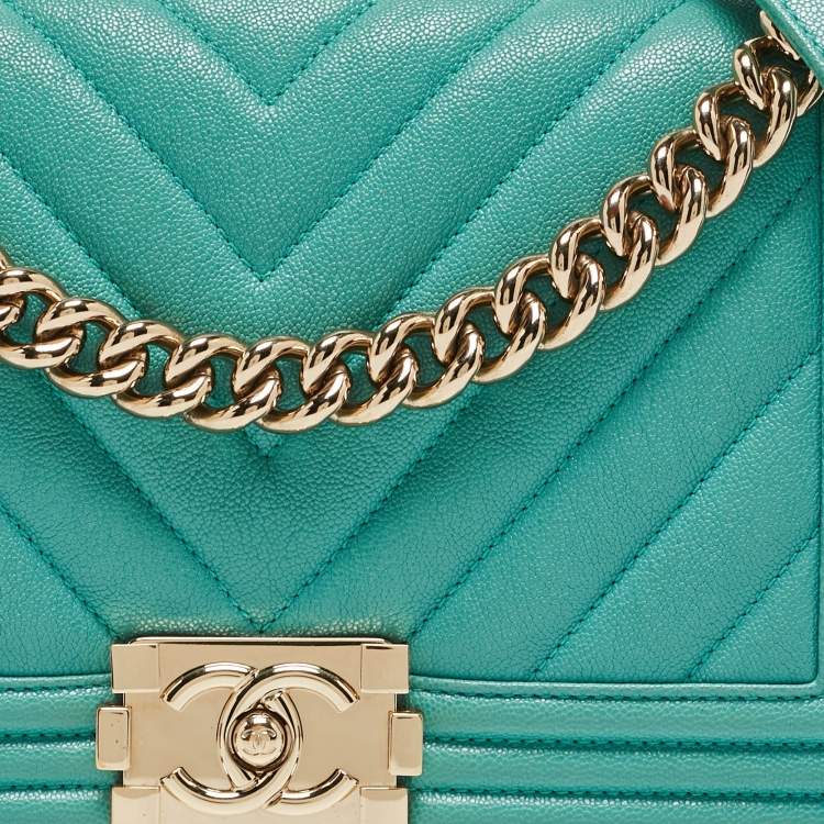 Pre Owned Chanel Aqua Green Chevron Caviar Leather Medium Boy Flap Bag