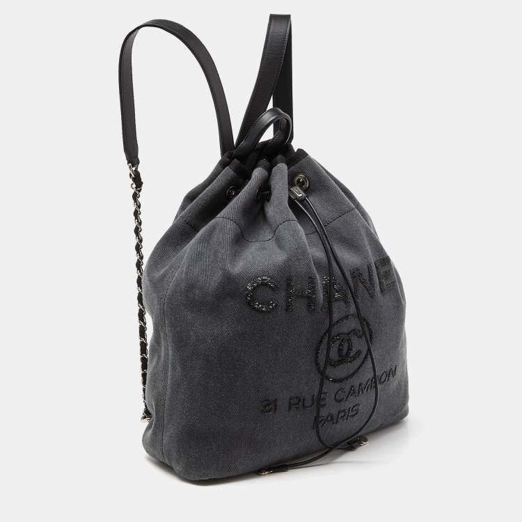 Pre Owned Chanel Grey/Black Denim and Leather Sequin Embellished Deauville Backpack 