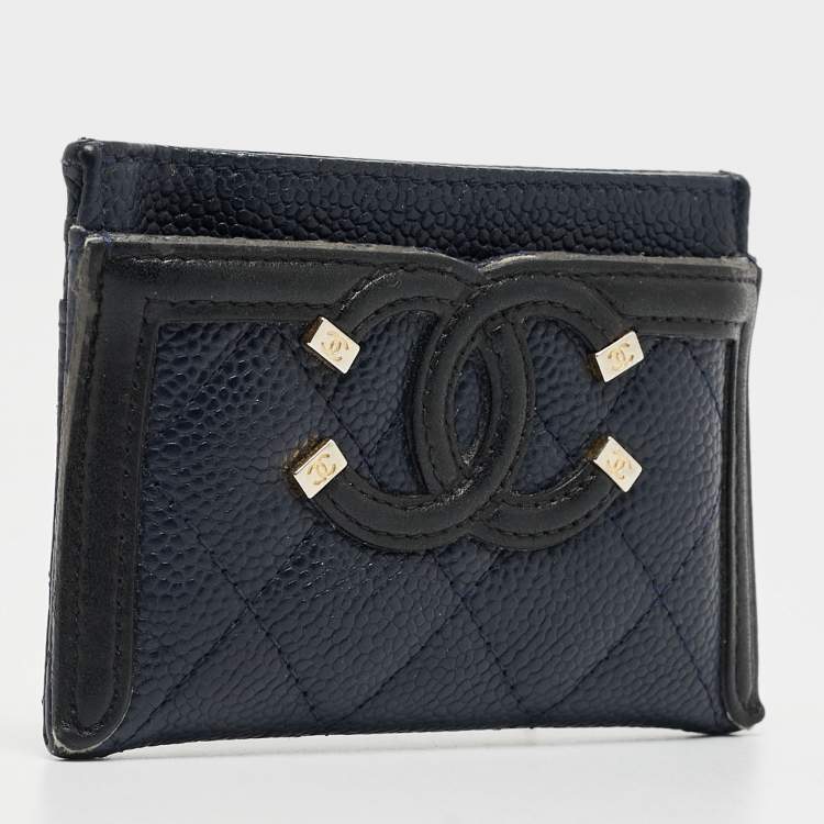 Pre Owned Chanel Blue/Black Quilted Caviar Leather Filigree Card Holder