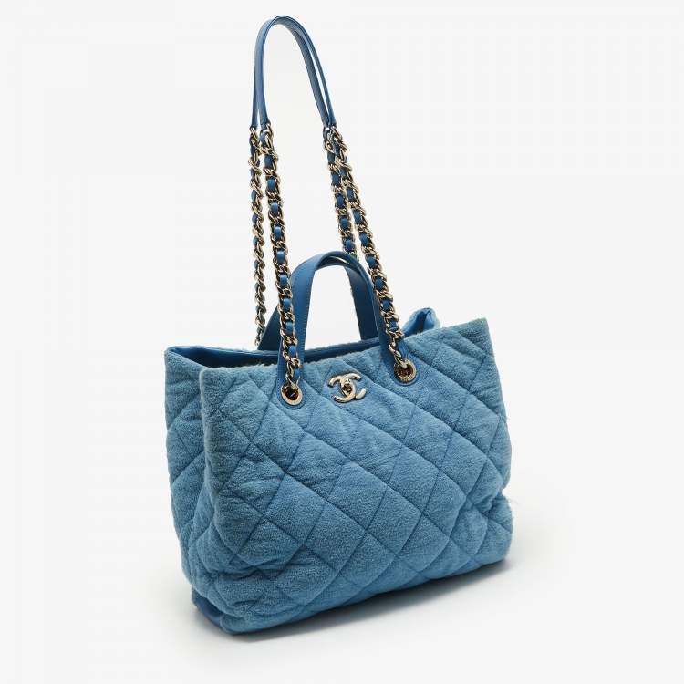 Pre Owned Chanel Light Blue Quilted Terry Cloth Coco Beach Shopper Tote
