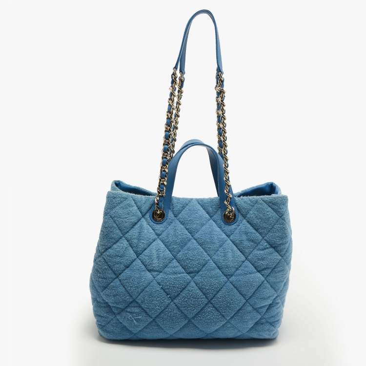 Pre Owned Chanel Light Blue Quilted Terry Cloth Coco Beach Shopper Tote