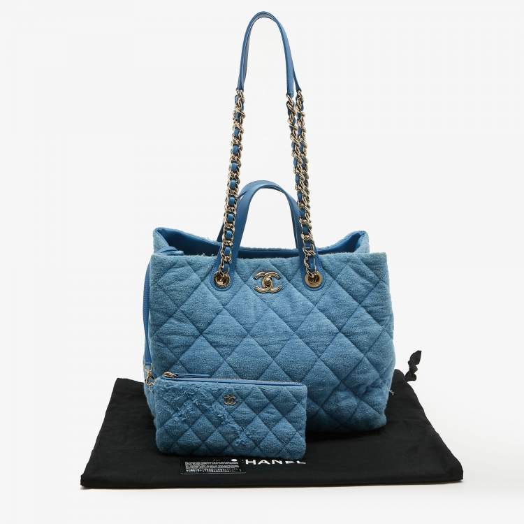 Pre Owned Chanel Light Blue Quilted Terry Cloth Coco Beach Shopper Tote
