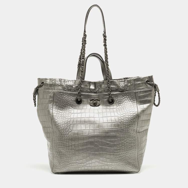 Chanel Silver Croc Embossed Leather Large Coco Shopping Tote