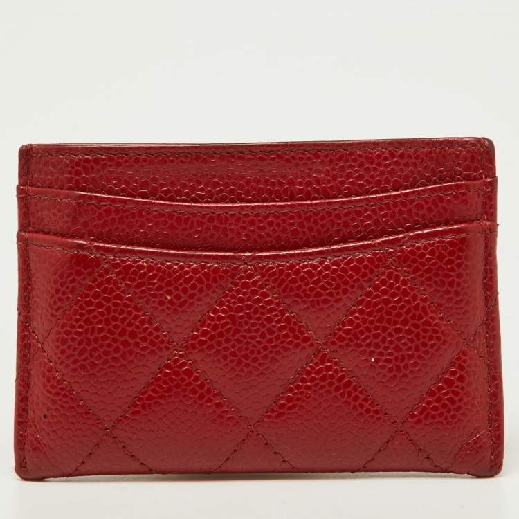 Pre Owned Chanel Red Quilted Caviar Leather CC Card Case