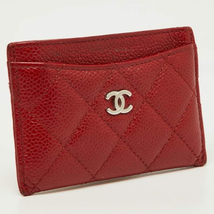 Pre Owned Chanel Red Quilted Caviar Leather CC Card Case