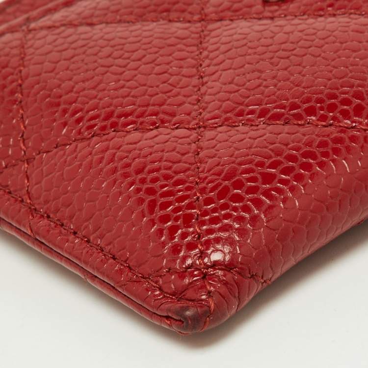 Pre Owned Chanel Red Quilted Caviar Leather CC Card Case