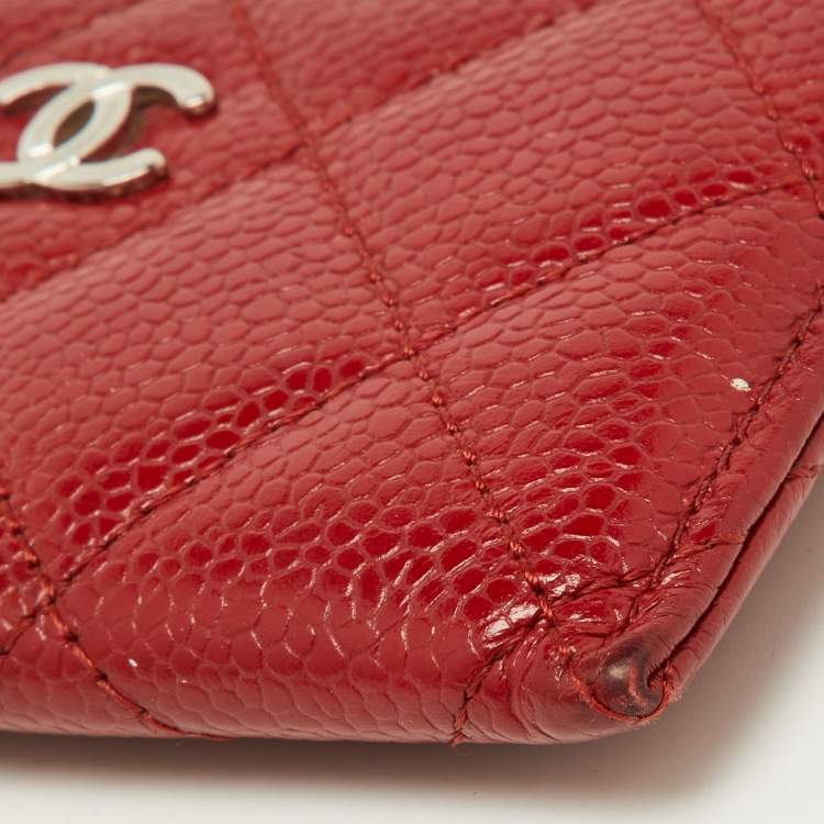Pre Owned Chanel Red Quilted Caviar Leather CC Card Case