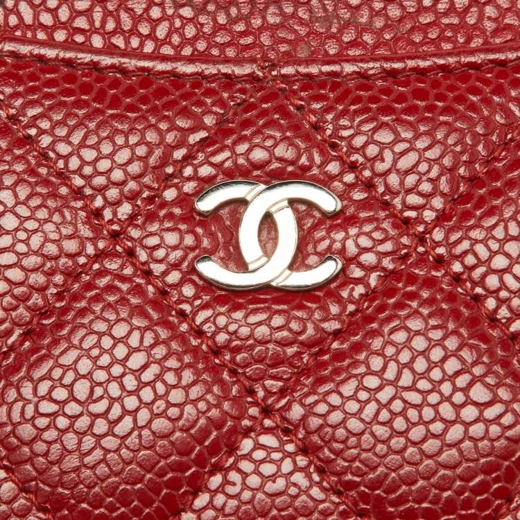Pre Owned Chanel Red Quilted Caviar Leather CC Card Case