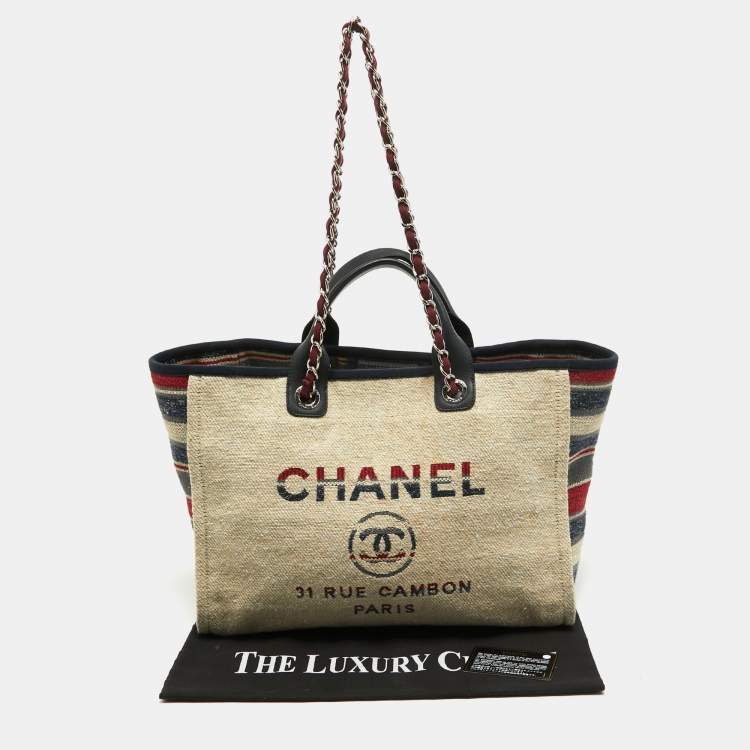 Pre Owned Chanel Multicolor Stripe Canvas and Leather Large Deauville Shopper Tote