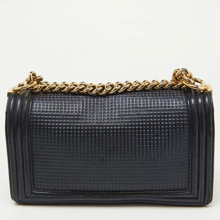 Pre Owned Chanel Dark Blue/Red Cube Embossed Leather Medium Boy Flap Bag