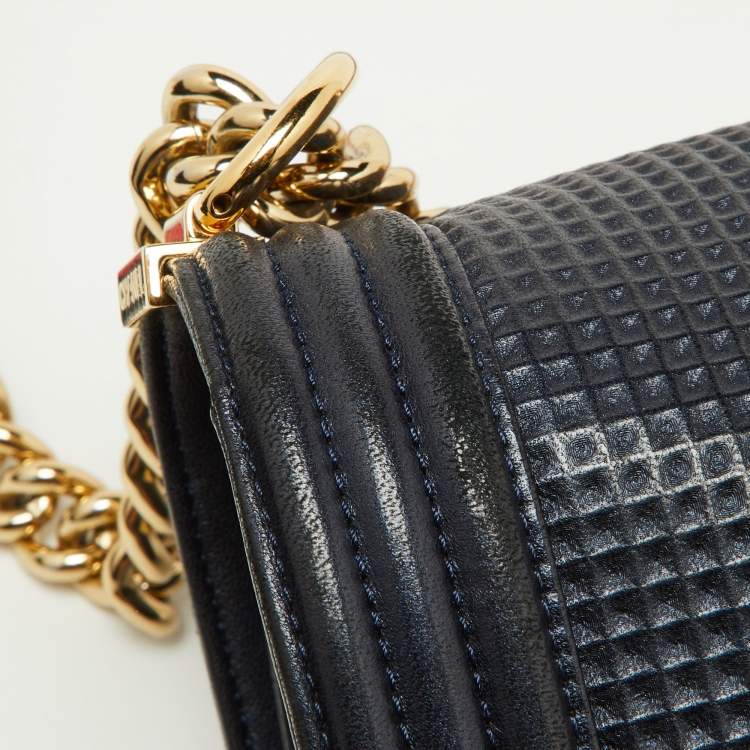 Pre Owned Chanel Dark Blue/Red Cube Embossed Leather Medium Boy Flap Bag