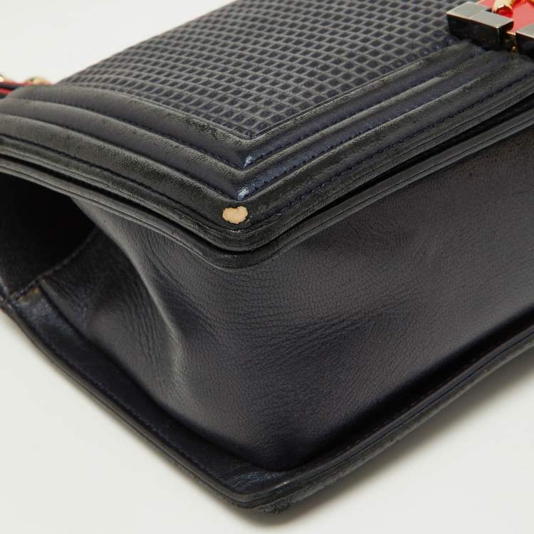Pre Owned Chanel Dark Blue/Red Cube Embossed Leather Medium Boy Flap Bag