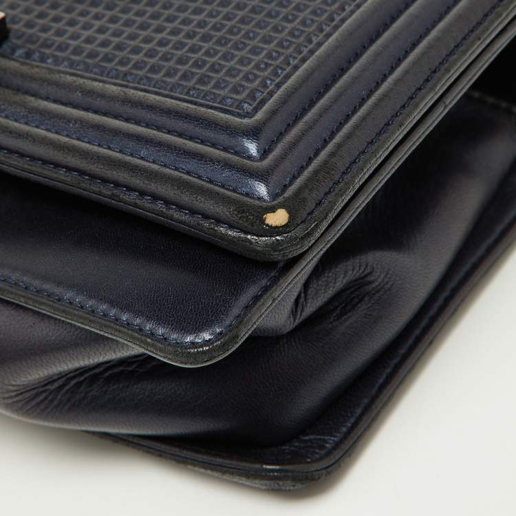 Pre Owned Chanel Dark Blue/Red Cube Embossed Leather Medium Boy Flap Bag