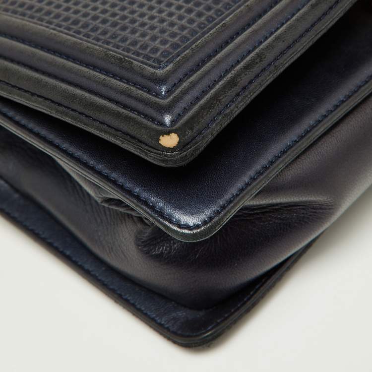 Pre Owned Chanel Dark Blue/Red Cube Embossed Leather Medium Boy Flap Bag