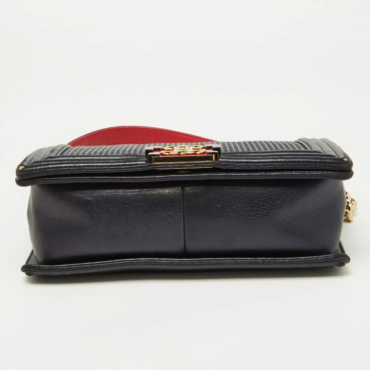 Pre Owned Chanel Dark Blue/Red Cube Embossed Leather Medium Boy Flap Bag