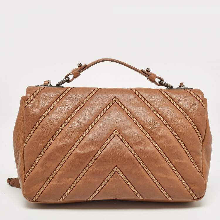 Pre Owned Chanel Brown Chevron Stitched Leather Classic Top Handle Bag