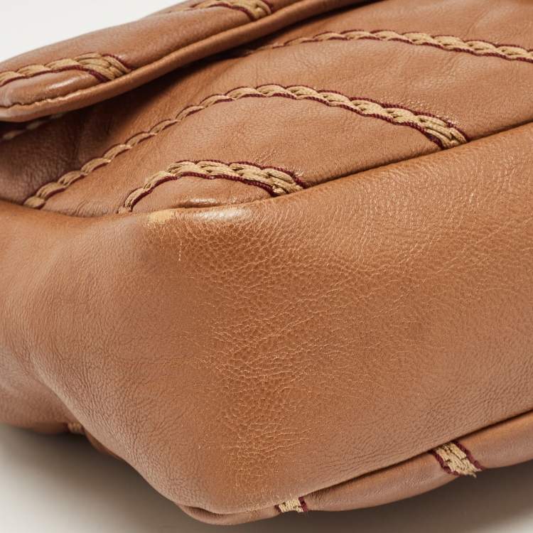 Pre Owned Chanel Brown Chevron Stitched Leather Classic Top Handle Bag