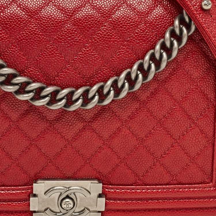 Pre Owned Chanel Red Quilted Caviar Leather New Medium Boy Bag