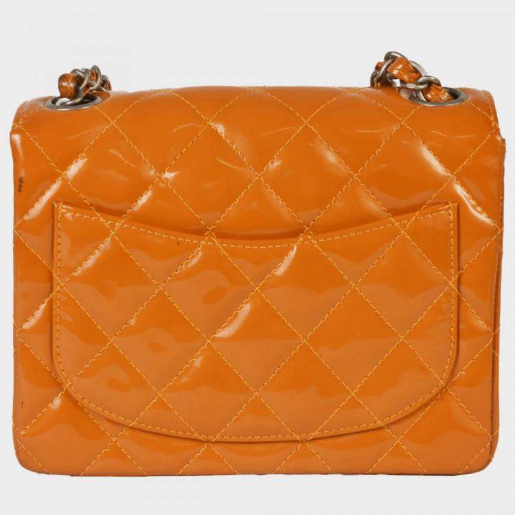 Pre Owned Chanel Orange Patent Leather XS Classic Single Flap Shoulder Bags