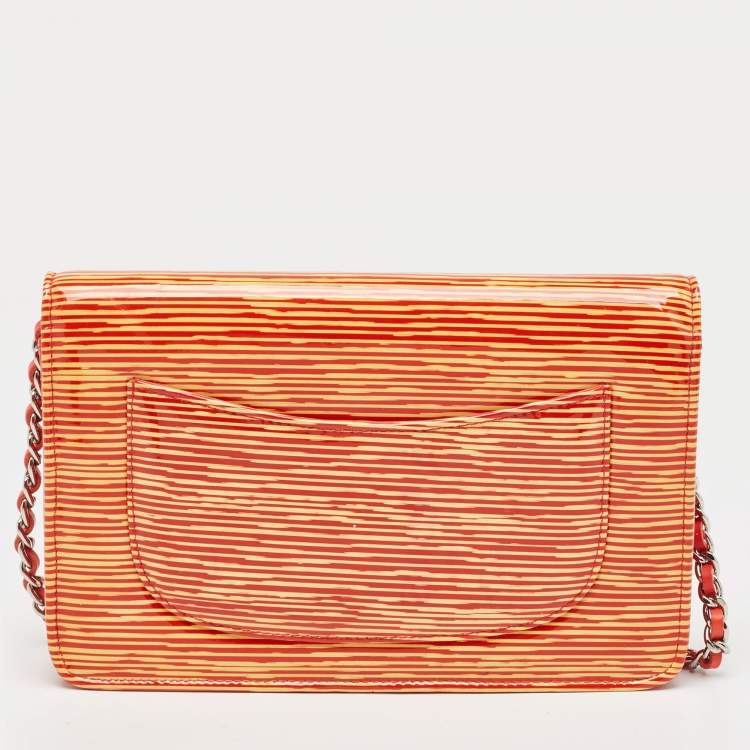Pre Owned Chanel Orange/Yellow Stripe Patent and Leather CC Wallet On Chain 