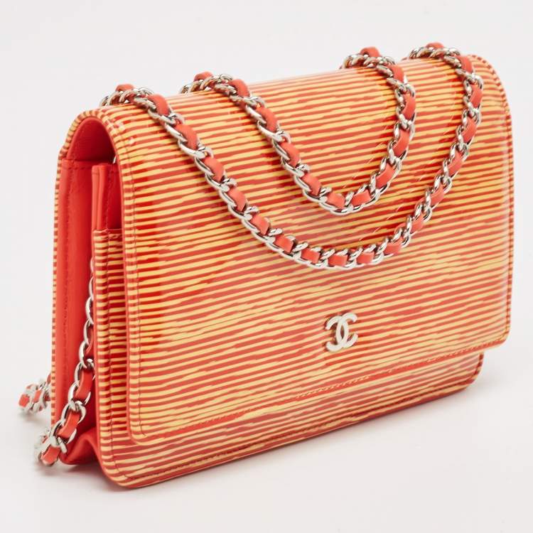 Pre Owned Chanel Orange/Yellow Stripe Patent and Leather CC Wallet On Chain 