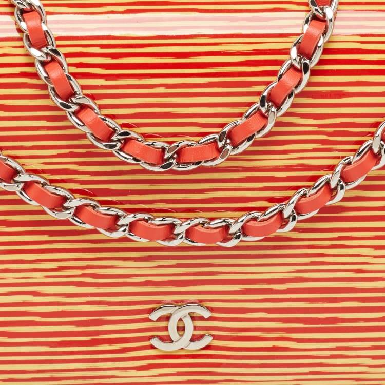 Pre Owned Chanel Orange/Yellow Stripe Patent and Leather CC Wallet On Chain 