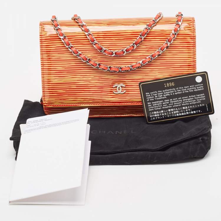 Pre Owned Chanel Orange/Yellow Stripe Patent and Leather CC Wallet On Chain 