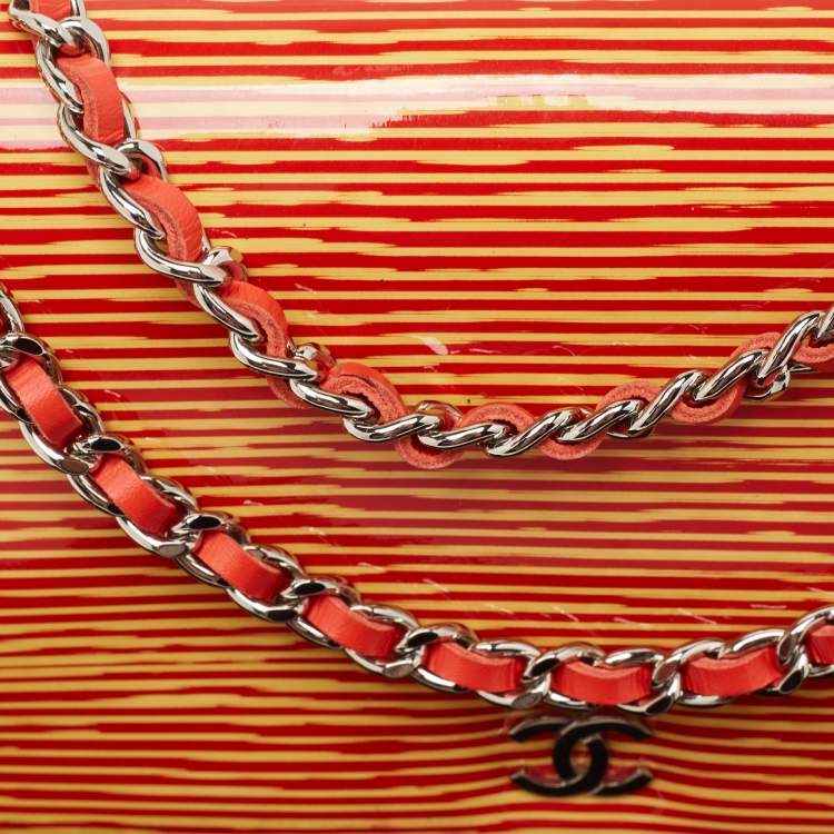 Pre Owned Chanel Orange/Yellow Stripe Patent and Leather CC Wallet On Chain 
