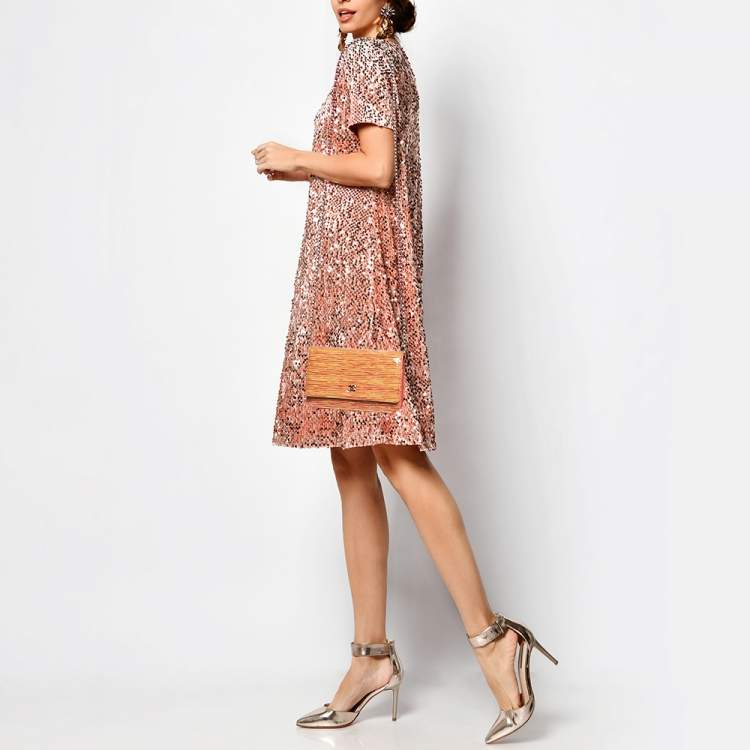 Pre Owned Chanel Orange/Yellow Stripe Patent and Leather CC Wallet On Chain 