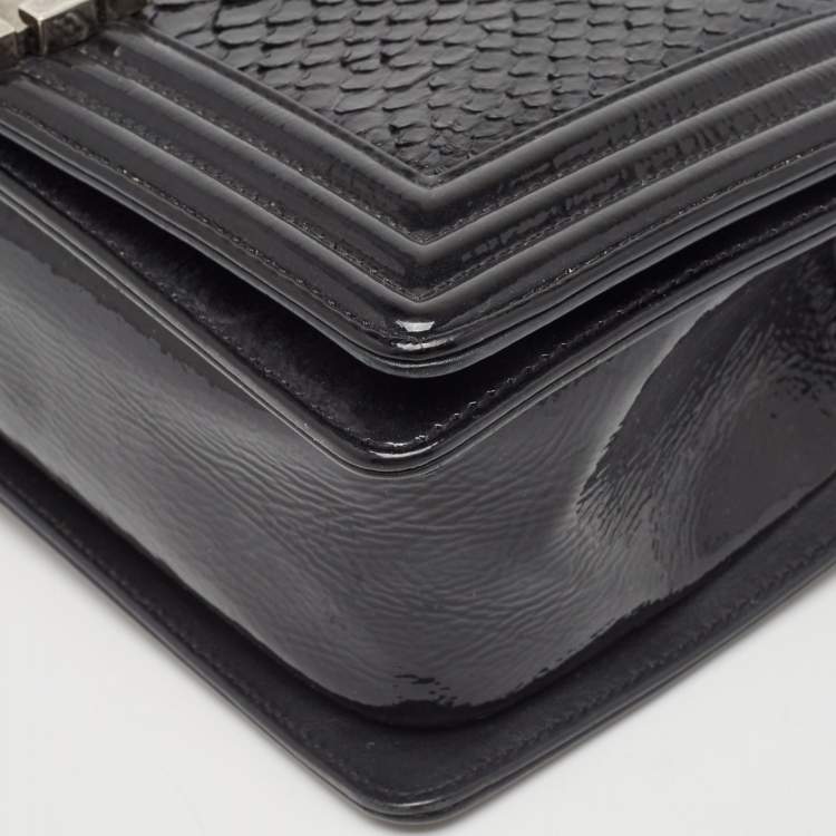 Pre Owned Chanel Black Python and Patent Leather Medium Boy Flap Bag