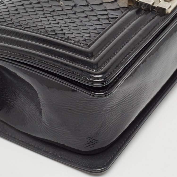 Pre Owned Chanel Black Python and Patent Leather Medium Boy Flap Bag