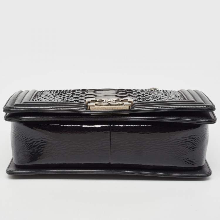 Pre Owned Chanel Black Python and Patent Leather Medium Boy Flap Bag