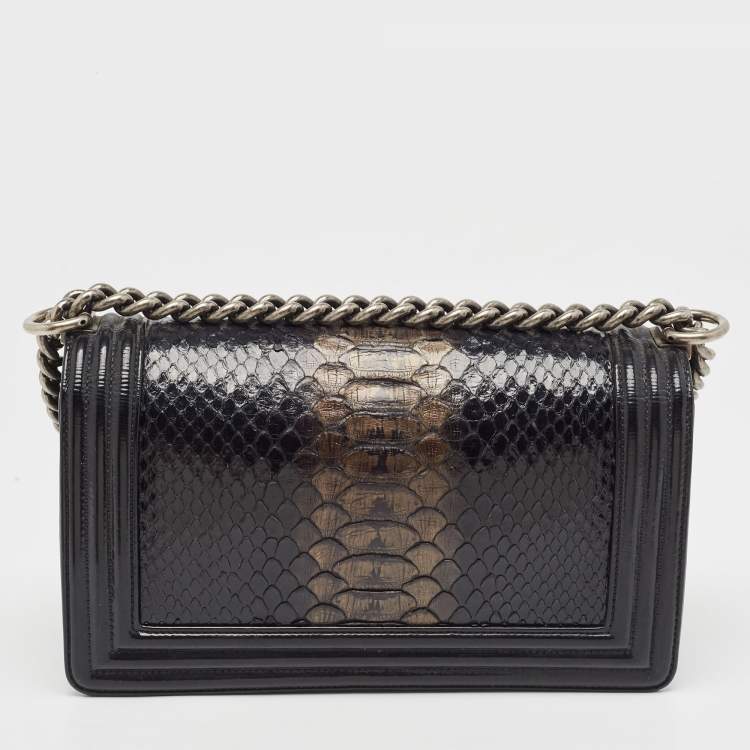 Pre Owned Chanel Black Python and Patent Leather Medium Boy Flap Bag