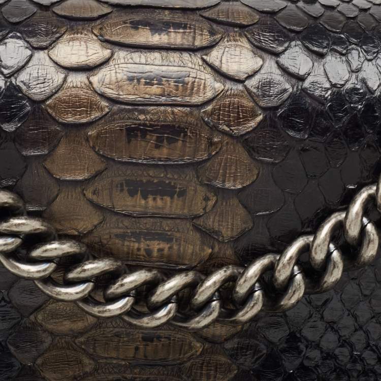 Pre Owned Chanel Black Python and Patent Leather Medium Boy Flap Bag