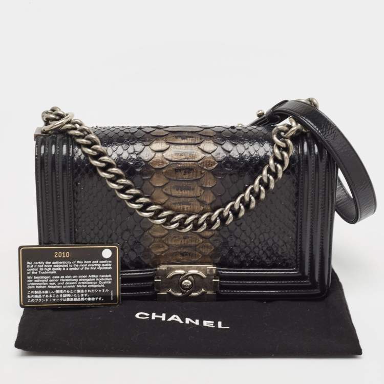 Pre Owned Chanel Black Python and Patent Leather Medium Boy Flap Bag