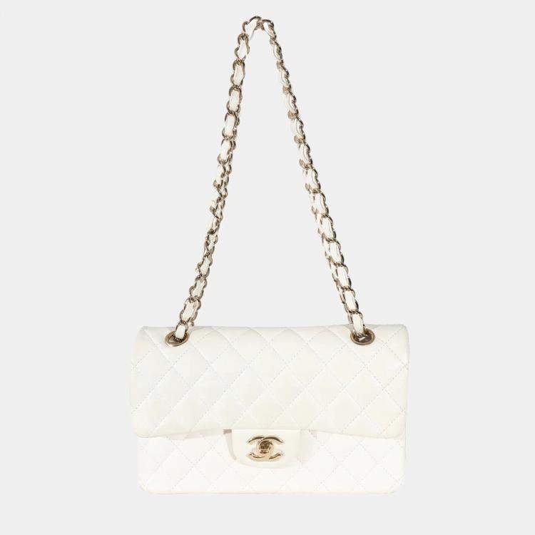 Pre Owned Chanel White Quilted Caviar Small Classic Double Flap Bag  
